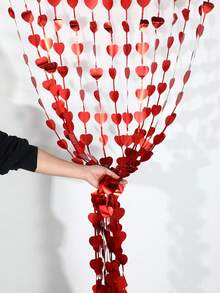 1pc Valentine's Day Heart Shaped String Curtain, Party Background Decor - Red - View 1