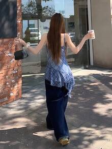 DAZY Women's Korean Style Delicate Summer Plaid Ruffle Hem Asymmetrical Strap Sleeveless Camisole - Blue - View 2