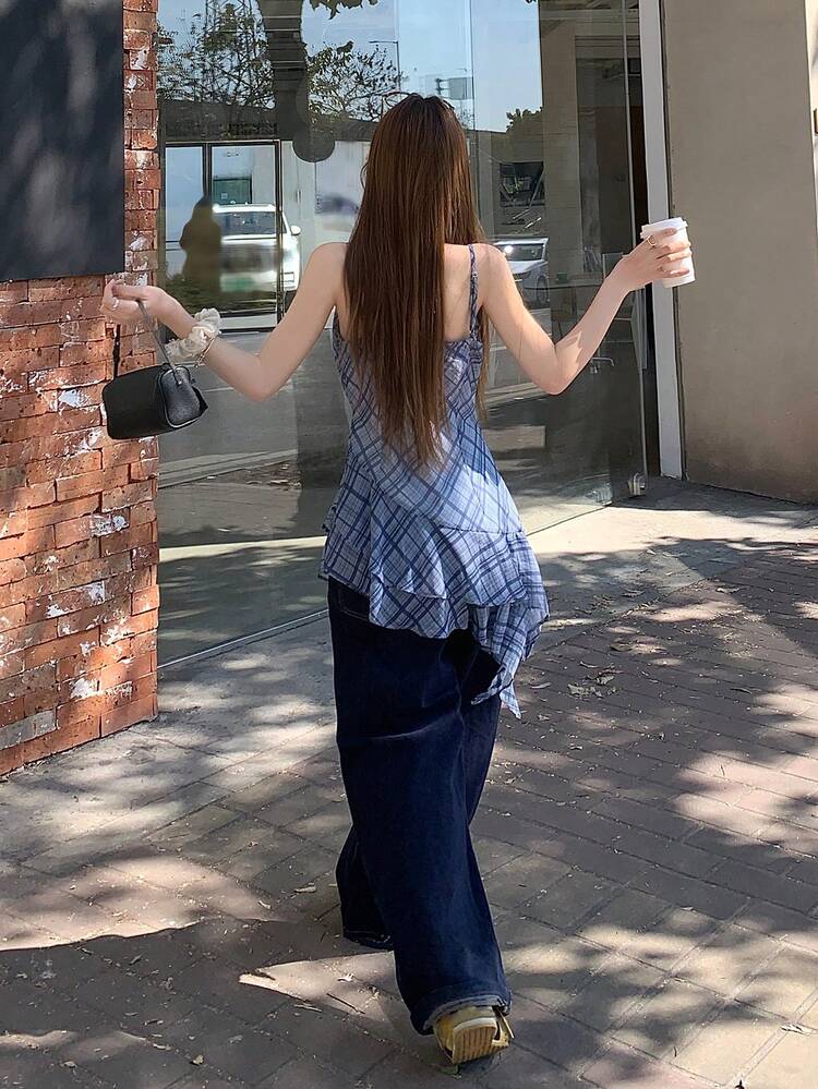 Women's Korean Style Delicate Summer Plaid Ruffle Hem Asymmetrical Strap Sleeveless Camisole