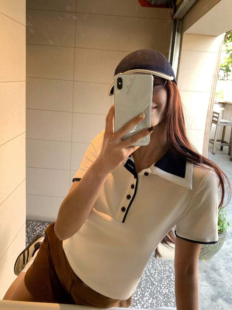 Women's White & Navy Contrast Color Polo Collar Short Sleeve T-Shirt, Slim Fit Casual Top For Summer