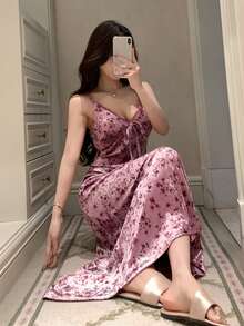 DAZY Charming Vintage Floral Pattern Velvet & Lace Patchwork Slim Fit Long Nightgown For Women - Dusty Purple - View 5