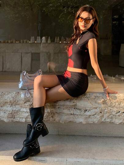 EastFlair 女士撞色镂空纽扣袖上衣搭配修身迷你裙时尚套装，夏季服装，夏季上衣，夏季度假服装，春季女装，情人节，女士情人节服装，优雅派对连衣裙，女士休闲套装，红色上衣搭配红色裙子