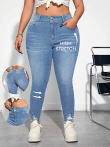 Firerie Plus Size Blue Distressed Skinny Stretch Denim Capri Pants - Light Wash - View 1