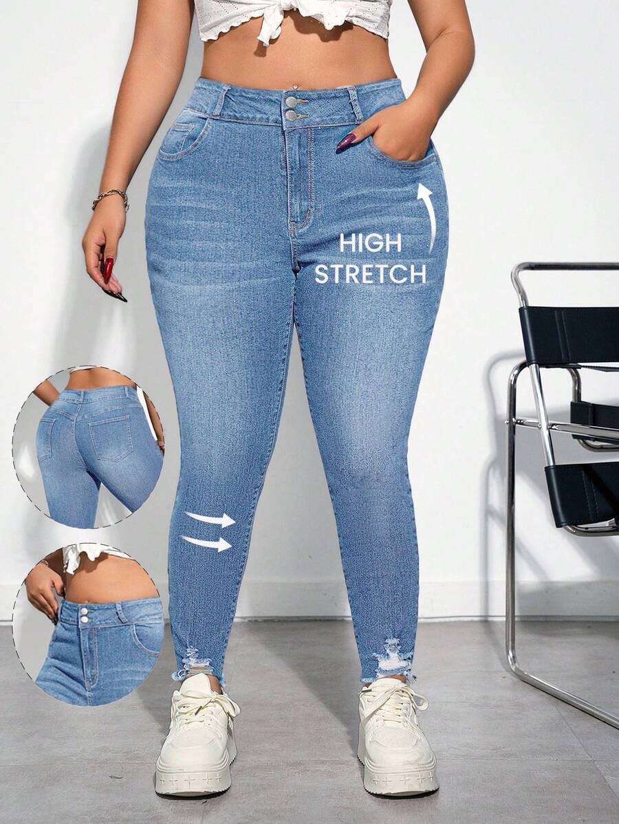 Firerie Plus Size Blue Distressed Skinny Stretch Denim Capri Pants - Light Wash - View 1