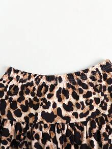 SHEIN Teen Girls' Black Knit Asymmetrical Shoulder Ruched Asymmetrical Hem T-Shirt & Leopard Print Layered Mini Skirt 2-Piece Outfit, Spring/Summer - Black - View 4