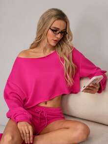 SHEIN 女士纯色不对称肩部长袖家居服上衣 - 粉色 - 查看 1