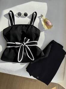 SHEIN 两件套少女黑白条纹吊带背心（腰部蝴蝶结装饰）和短裤，休闲运动套装 - 彩色 - 查看 3