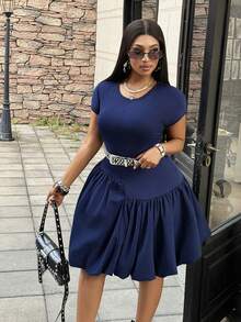 Maweii Vestido casual, elegante y versátil de manga corta para talla grande - Azul - View 3