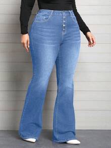 EMERY ROSE Plus Size Women Elastic Waist Jeans, Multiple Button Design Skinny Flare Pants - Light Wash - View 4