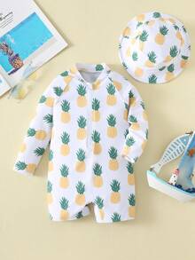 SHEIN 2pcs/Set Lemon Print Unisex Baby Swimsuit With Sun Hat, Summer Beach/Pool Vacation Outfit - Multicolor - View 2
