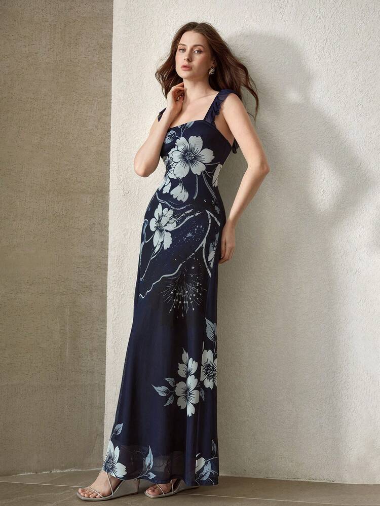 WOMEN'S CONTRAST MESH FLORAL PRINT SPAGHETTI STRAP DRESS