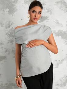 MaterniChic Maternity Summer Grey Blouse With Asymmetrical Shoulder Design, Romantic And Comfortable For Dates - Grey - View 9