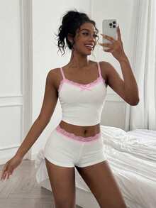 两件套撞色蕾丝拼接蝴蝶结装饰吊带背心和迷你短裤套装 - 白色 - 查看 4