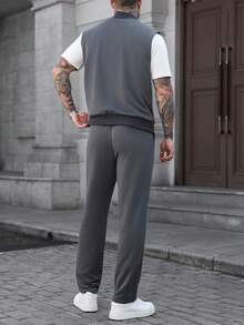 Manfinity Homme 男士休闲拉链夹克，简约设计，百搭男士套装，男士夏季运动服，男士健身服，男士运动套装，西部男士慢跑套装，街头服饰，日常休闲，周末旅行，远足，轻松的工作环境，男友/老公礼物，周年纪念/生日礼物，派对，暑假假期 - 深灰色 - 查看 2