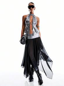 LYSMO 女士露背镂空链条装饰性感无袖吊带上衣 - 酒紅色 - 查看 7