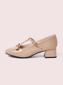 CUCCOO DOLLMOD Retro T-Word With Mary Jane Women's Shoes Women's Elegant Bow Shoes High Heels Square Toe French Patent Leather Shoes Valentine's Day - powder - View 7