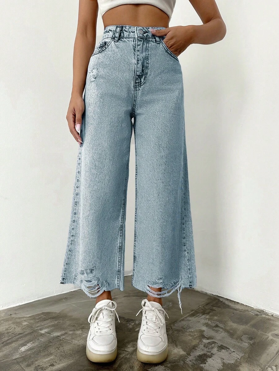 EURMUSE Jeans anchos casuales de algodón 100% con bolsillos rasgados en diagonal - Lavado ligero - Ver 1