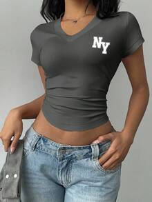 SHEIN EZwear 女士极简印花V领褶皱短袖T恤 - 深灰色 - 查看 5