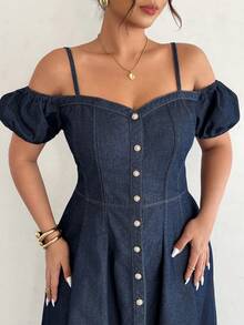 Firerie Plus Size Women's Off-Shoulder Button Design Fashionable Denim Dress,Valentine's Day,Summer,Carnival,Beach,Party,Elegant Party Dress,Going Out - Blue - View 7