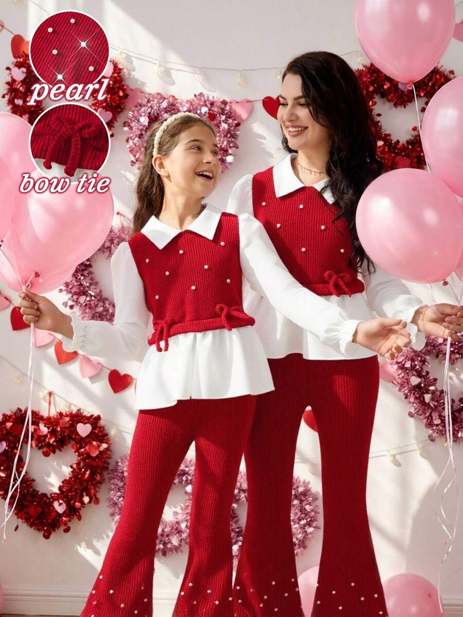 SHEIN ChillGRL طقم من قطعتين للفتيات المراهقات، بنطلون واسع محبوك بفيونكة لؤلؤية بلون برغندي وبلوزة بيضاء بأكمام طويلة وكشكشة، طقم حفلة شتوي Y2k باللونين الأخضر والأبيض، 2 قطعة - الأحمر - مشاهدة 1