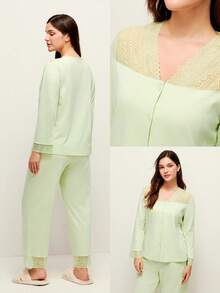 LUVLETTE Soft 100% Pure Cotton Lace Trim Button-Up Top & Pants Loungewear Pajama Set Pyjama - Mint Green - View 3
