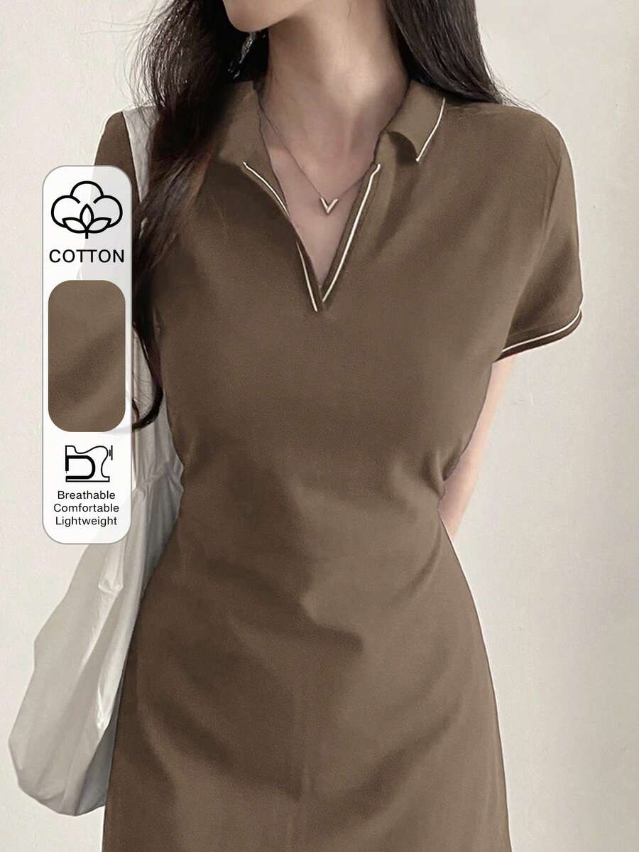 DAZY Women's V-Neck Casual Striped Mid-Length Dress Shirt Dress - Coffee - View 1