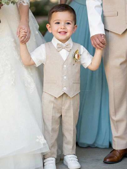 SHEIN LMoss Kids 3pcs Young Boys' Collared Solid Color Short Sleeve Shirt, Vest, And Pants Woven 3-Piece Suit Set, Gentleman Style Outfit Suitable For Kids Outfits, Young Boy Clothes, Back To School, School Uniform, Kindergarten, Birthday Party, Evening Event, Wedding, Christening, School Opening Ceremony, Daily Wear, Travel,Toddler Boy Clothes,Toddler