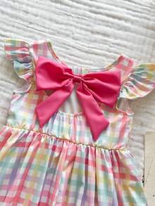 Vintaside Kids 女童优雅印花圆领荷叶袖露背蝴蝶结装饰腰部荷叶边下摆休闲时尚连衣裙，适合度假旅行，夏季穿着 - 粉色 - 查看 6