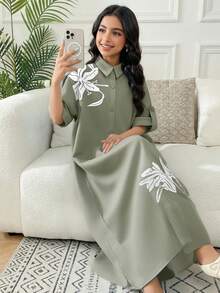 Teens/Teen Girl Casual Vacation V-Neck Button-Up Loose Dropped Shoulder Large Floral Lily Print Turnover Mid-Sleeve Maxi Woven Dress, Gray-Green - Green - View 9