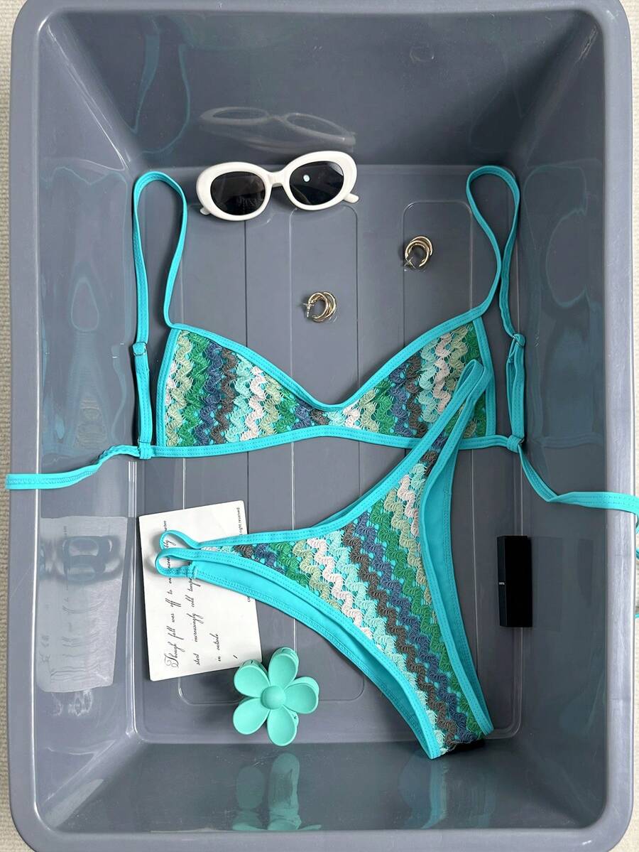 Swim Mod Spring/Summer Knit Jacquard Wireless Camisole Top And Swim Shorts Women's Beach Vacation Travel Bikini Set - Blue - View 1