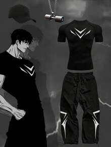 Manfinity Sport PWRUP Men's Geometric Print Raglan Short Sleeve T-Shirt And Pants Sports Suit - Black - View 1