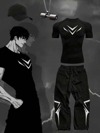 Manfinity Sport PWRUP Men's Geometric Print Raglan Short Sleeve T-Shirt And Pants Sports Suit