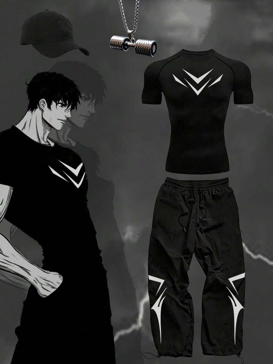 Manfinity Sport PWRUP Men's Geometric Print Raglan Short Sleeve T-Shirt And Pants Sports Suit - Black - View 1