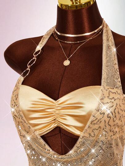 Amplova Women's Sequin Embroidered Plunge Neck Patchwork Camisole, Sexy Halter Top Suitable For Beach Vacation, Spring Party Outfit