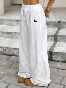 SHEIN Tween Girls Daily Wear Outfits Casual Basic 100%Cotton Elastic Waistband White Pants, Wide Leg Pants, Back To School - White - View 1