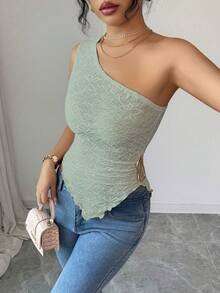 SHEIN Elenzya 女士新款春夏秋季休闲通勤旅行上衣，纹理面料，不对称下摆，不对称斜肩设计，侧边金属装饰，适合女性在秋季、情人节、新年、假期、万圣节、圣诞节等场合穿着。 - 綠色 - 查看 5