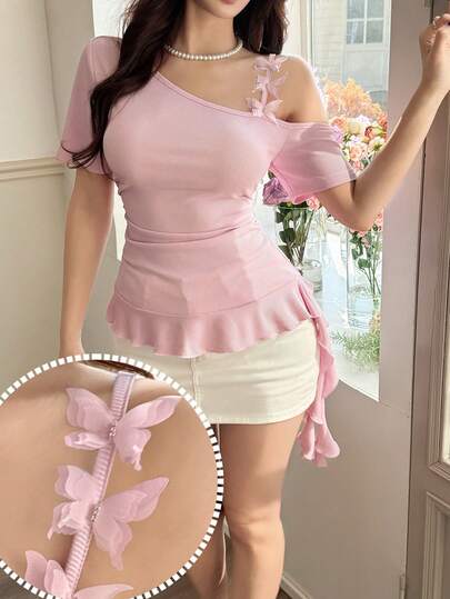 Feyla Áo kiểu nữ màu trơn, trang trí nơ 3D, cổ bất đối xứng, eo nhún, thanh lịch.