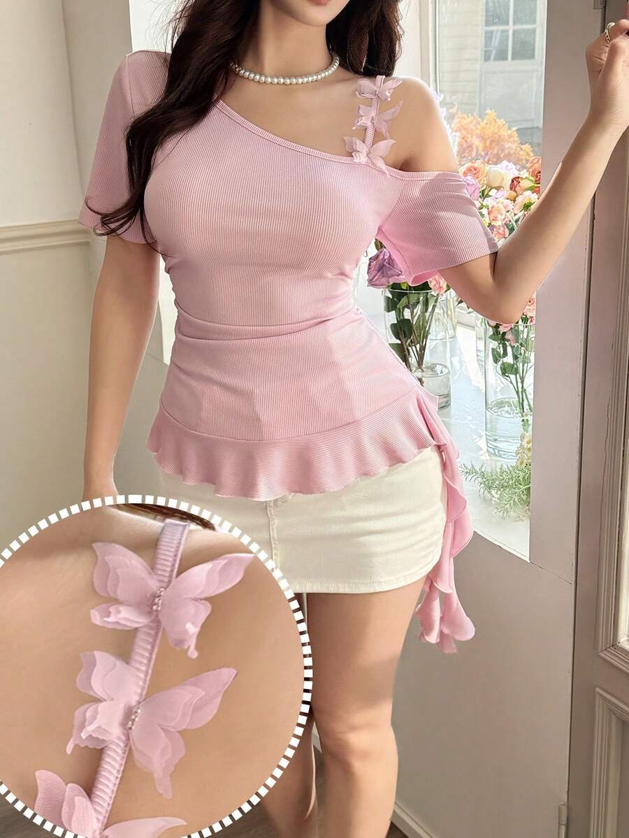 Feyla 女款純色3D蝴蝶結裝飾不對稱領口抽褶腰部優雅上衣