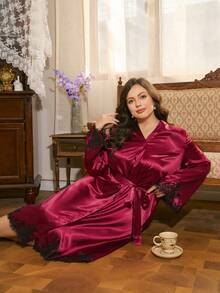 Côtesoire Bata de satén con parches de encaje francés romántico y elegante para el Día de San Valentín, talla grande para mujeres - Burdeos - Ver 6