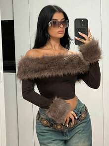 SHEIN ICON Chic Women's Off Shoulder Long Sleeve Crop Top In Rust Brown Knitted Fabric With Contrast Faux Fur - Rust Brown - View 4