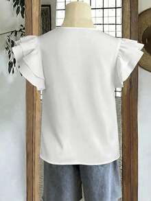 Mellowie Women's Solid Color Minimalist Casual Round Neck Blouse White Ruffle Top Summer Casual Tops - White - View 6