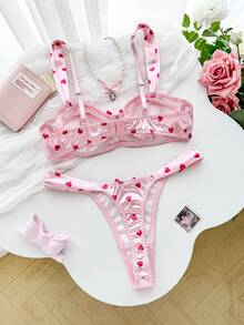 PetitDoll Valentine's Day High Elasticity Polka Dot Heart Pattern Underwire Bra Set, 2pcs - Pink - View 2
