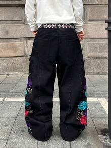 Manfinity Roghcode Street Style Niche Design Rose Embroidery Frayed Decor Loose Straight Leg Casual Jeans - Black - View 2