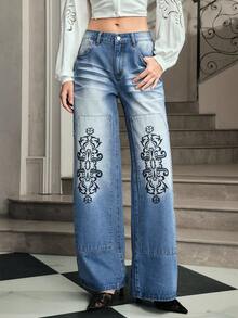 Selenza Women's Floral Print Pocket Wide Leg Loose Casual Jeans - Blue - View 4