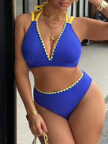 Swim Vcay 大码女式两件套纯色吊带露背性感沙滩度假比基尼泳装 - 藍色 - 查看 1