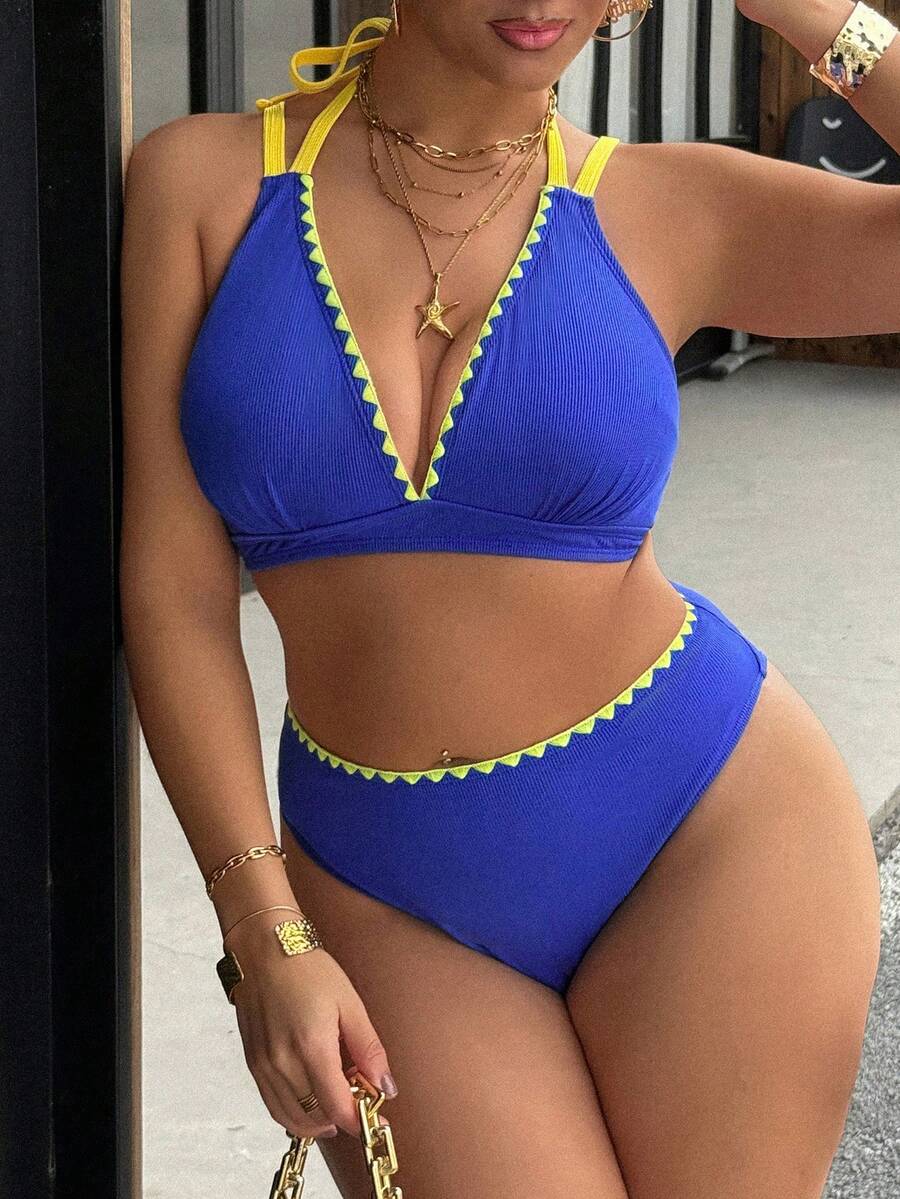 Swim Vcay 大码女式两件套纯色吊带露背性感沙滩度假比基尼泳装 - 藍色 - 查看 1