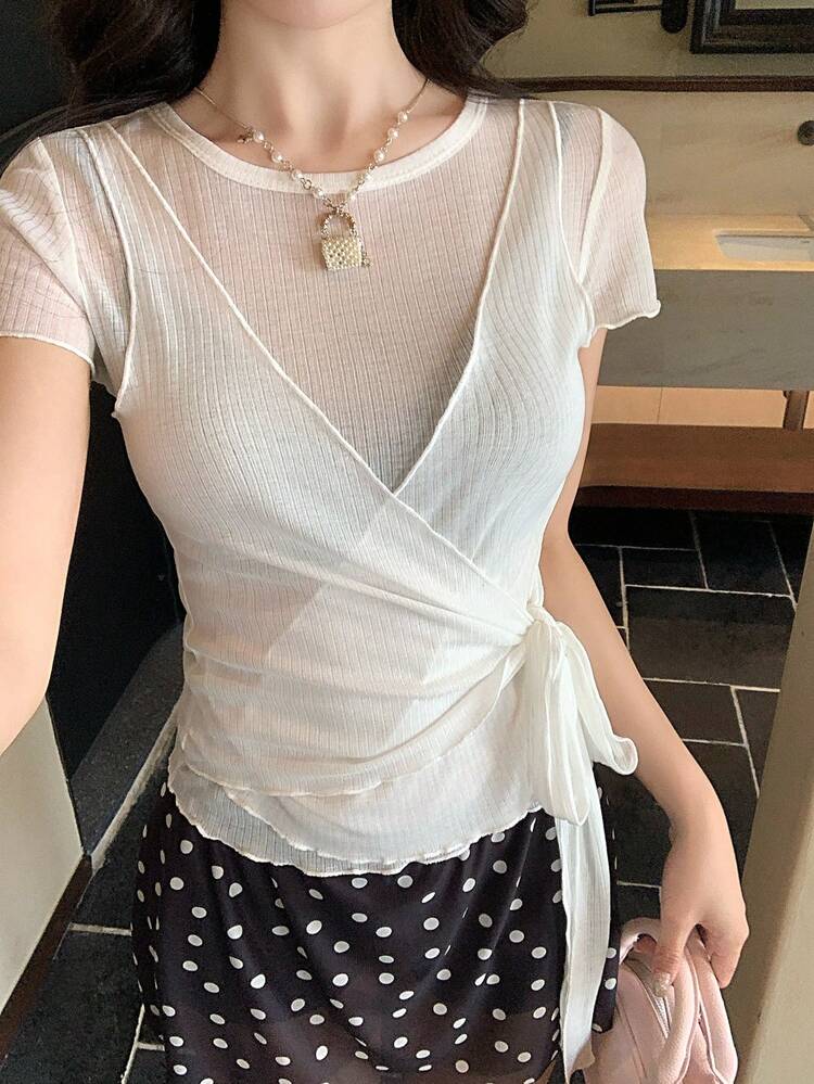 Women's Layering Thin Rolled Hem Short Sleeve T-Shirt, Summer New Niche Tie-Up Camisole Tank Top