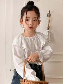 DAZY 女童（小号）蕾丝圆领长袖衬衫，春秋季 - 白色 - 查看 4