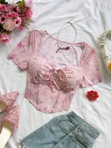 Soleia Áo croptop lưới màu hồng buộc dây phía trước dành cho nữ, họa tiết hoa, thích hợp cho mùa hè và mùa xuân, ngày lễ tình nhân, lễ hội hóa trang, đi biển, đi chơi, thanh lịch, đi nghỉ mát, thường ngày, áo croptop hoa hồng, áo mùa hè dễ thương, áo ren, mùa xuân đến hè, lễ Phục sinh, lễ hội hóa trang, tiệc hóa trang, đám cưới trên bãi biển, lễ tốt nghiệp trên bãi biển, áo nữ tính mùa hè cho nữ - Nhiều màu - Xem 5