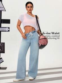 Flexra Women's Casual Everyday Commute Versatile Drawstring Waist Loose Wide Leg Jeans - Baby Blue - View 3